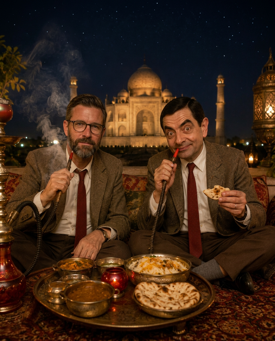 A player sharing a feast with a comedy legend in front of the Taj Mahal