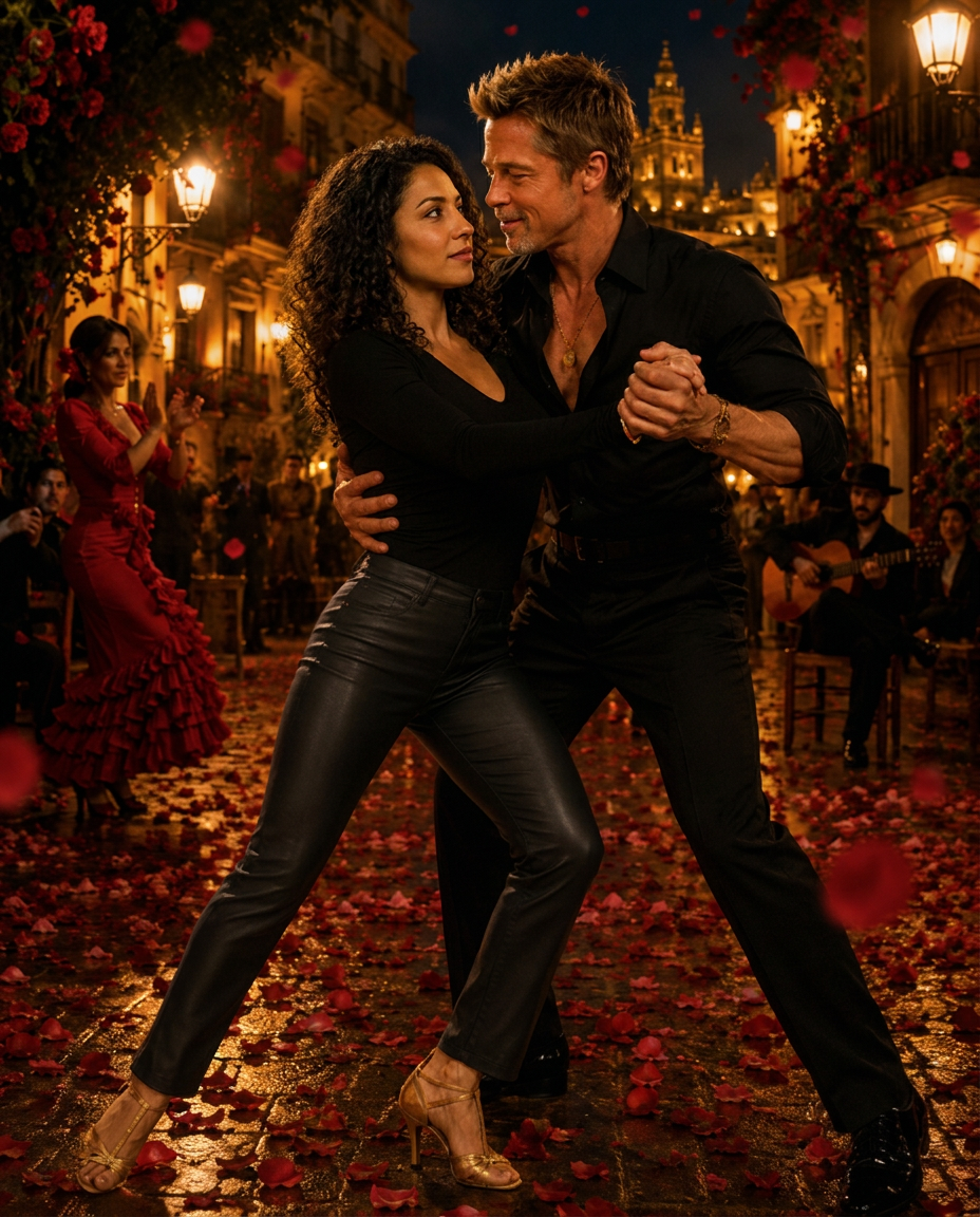 A player dancing tango with a movie star on a rose-covered Seville street